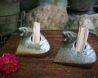 1980s Set Of 2 Japanese Tiger Stoneware Toothpick Holder Abstract Artdeco