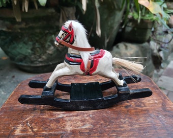 Vintage Miniature Hand Carved Wooden Rocking Horse Dollhouse Decorative Figurine