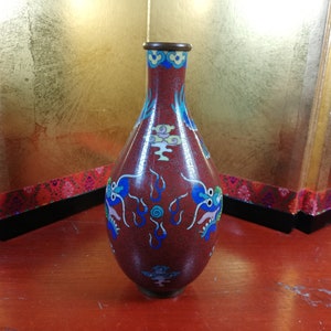 Chinese Vintage Blue Dragon Red Cloisonné Vase