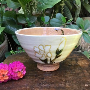 Japanese Floral Painting Glazed Matcha Chawan Tea Bowl Signed