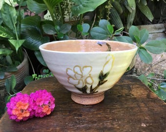 Japanese Floral Painting Glazed Matcha Chawan Tea Bowl Signed