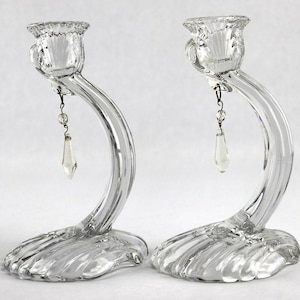 VTG Set of Candlestick Holders by Cambridge Glass, Caprice Pattern Shell shape with Prisms Art Deco 1930&#39;s