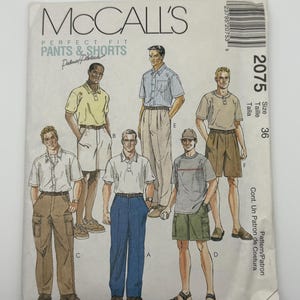 May include: A McCall's sewing pattern envelope for pants and shorts, size 36, featuring illustrations of six different outfits including various styles of shirts, trousers, and shorts, with the text McCall's Perfect Fit Pants & Shorts 2075.