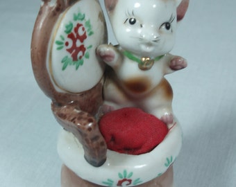 Vintage Cat on Chair Pin Cushion, Whimsical Porcelain Sewing Room Decor, Collectible Mid Century Cat Figurine Pin Cushion