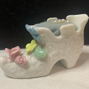 Vintage Porcelain Shoe Pin Cushion with Applied Flowers