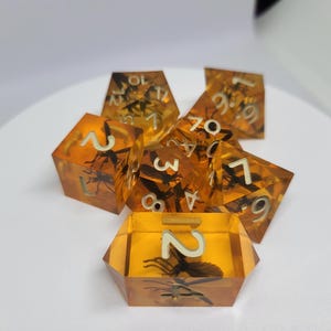 May include: A set of amber dice with a wasp trapped inside each die. The dice are numbered 1 through 7.