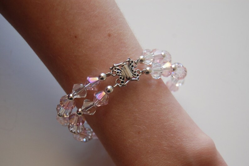 Double Strand Beaded Bracelet Pink and Crystal Etsy