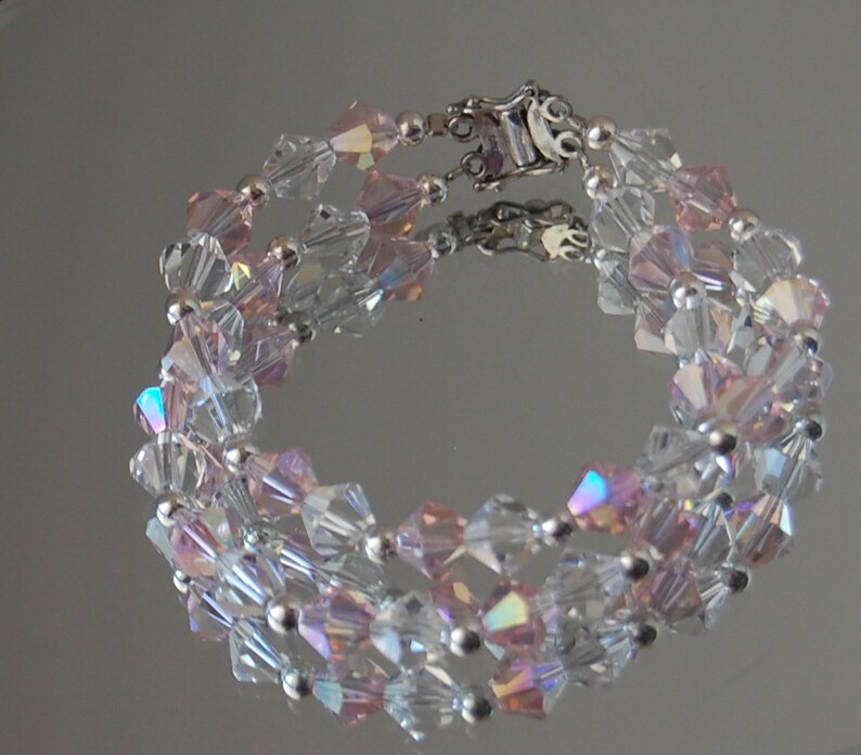 Double Strand Beaded Bracelet Pink and Crystal Etsy