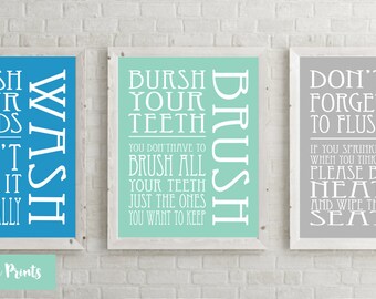 Bathroom Rules Subway Art, Set of 3, Bathroom Wall Art, Custom Colors, 5x7, 8x10, 11x14