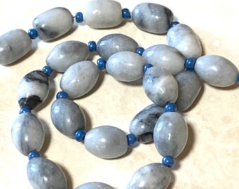Grey Anhydrite Oval Beaded Statement Necklace, Handmade OOAK Rare Natural Gemstone Gift for Her / Mom / in Law