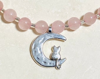 Cute Silver Tone Cat on the Moon Pendant + Rose Quartz Beaded Necklace, Dainty Gift for Her, Cat Lover, Moon Magic, Witchcraft,Lunar Eclipse