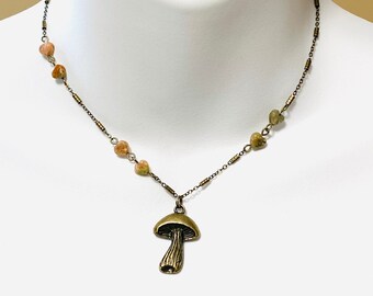Mushroom Unakite Stone Heart Mismatched Bronze Necklace, Gift for Her, Nature Forest Plants Lover, Botanical Woodland, Mycophile, Valentines