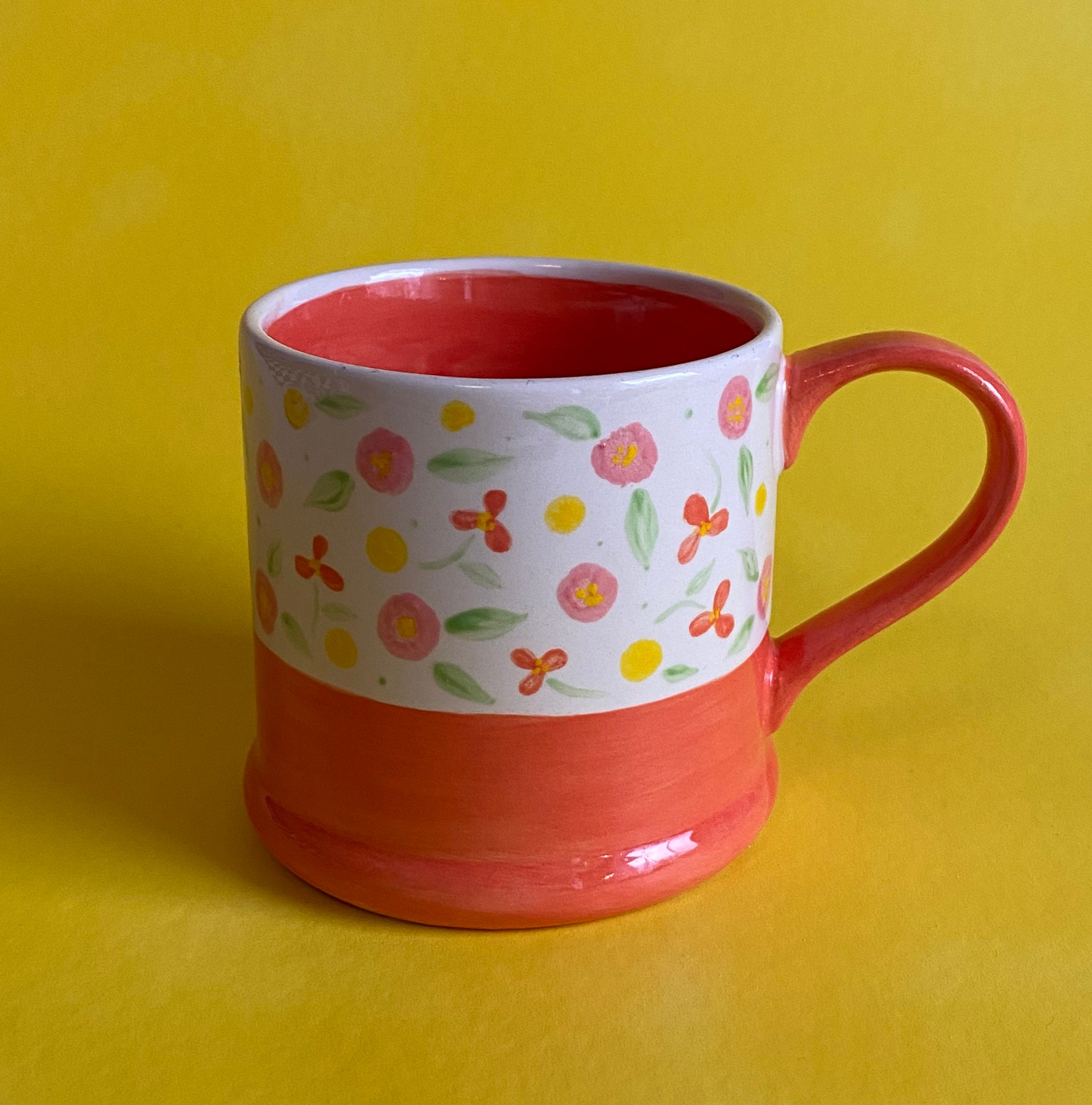 Mug Floral Peint à La Main Rouge Corail