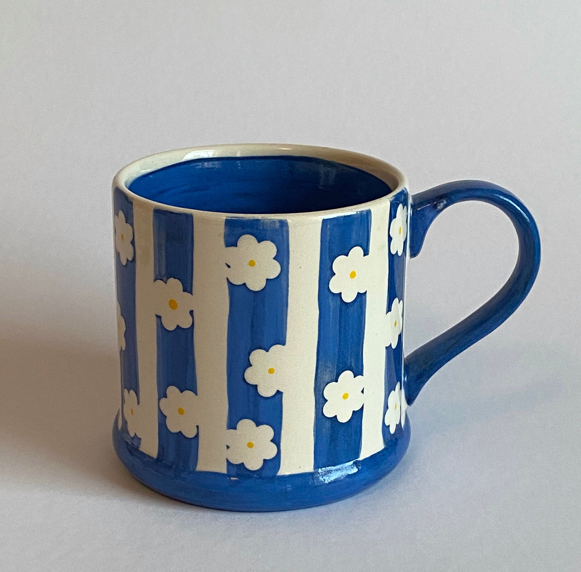 Mug Floral Bleu et Blanc Rayé à La Main