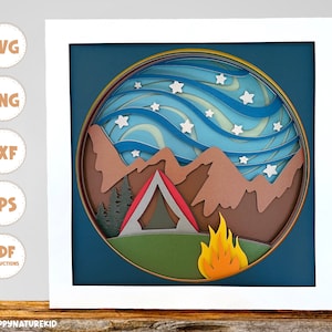 Camping Shadow Box SVG, 3d svg, Cricut svg, camping svg, tarjeta stock svg, montañas svg