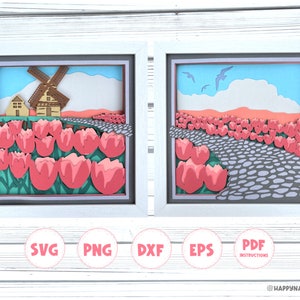 3d Windmill and Tulips shadow box svg, 3d Flower shadow box svg, diy Spring decor, 3d Layered svg, Svg files for Cricut, 3d mandala svg