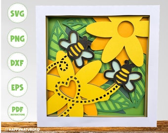 Bee shadow box svg, Bee svg, Flower svg, Layered svg, Flower shadow box, shadow box svg