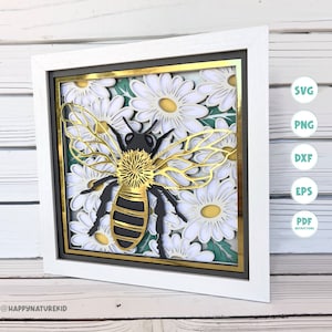 3D abeille et marguerites shadow box svg, 3D abeille shadow box svg, 3D Daisy shadow box svg, svg 3D, svg en couches 3D, mandala svg, fichiers Svg pour Cricut