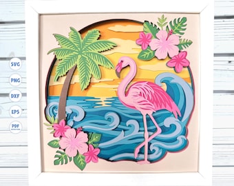 Tropical Flamingo shadow box svg, Summer shadow box svg, Cricut projects, light box, silhouette svg, 3d layered svg, Cricut svg, Beach svg