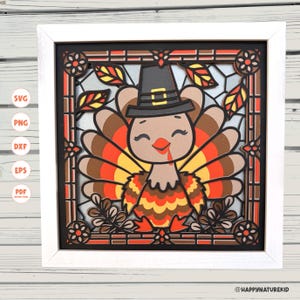 May include: A stained glass style illustration of a cartoon turkey wearing a pilgrim hat. The turkey is brown, orange, and yellow with a red beak and a red drop of blood on its chin. The background is a dark brown with a silver and black pattern.