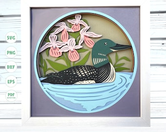 Loon Bird shadow box svg, Minnesota State Bird and Flower svg, Svg files for Cricut, 3d svg, Cricut Projects, 3d layered svg