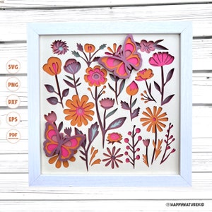 Boho bloemen en vlinder schaduw vak SVG, lente schaduw vak SVG, projecten voor Cricut, gelaagde SVG, Cardstock SVG, Boho decor, Boho bloem