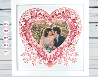 Flower Heart Picture Frame shadow box svg, Valentine’s Shadow box, Anniversary shadow box svg, Wedding shadow box svg, Cricut Projects