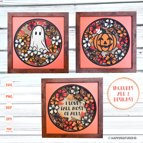 3d Fall Shadow box bundle, 3d Floral Ghost shadow box svg, 3d Jack O Lantern shadow box svg, 3d Fall Wreath Shadow box svg, 3d layered svg