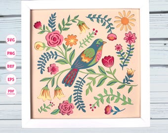 Caja de sombra de pájaro bohemio SVG, caja de sombra de primavera SVG, archivos SVG para Cricut, silueta SVG, Cricut SVG, caja de luz, SVG en capas 3D, SVG 3D