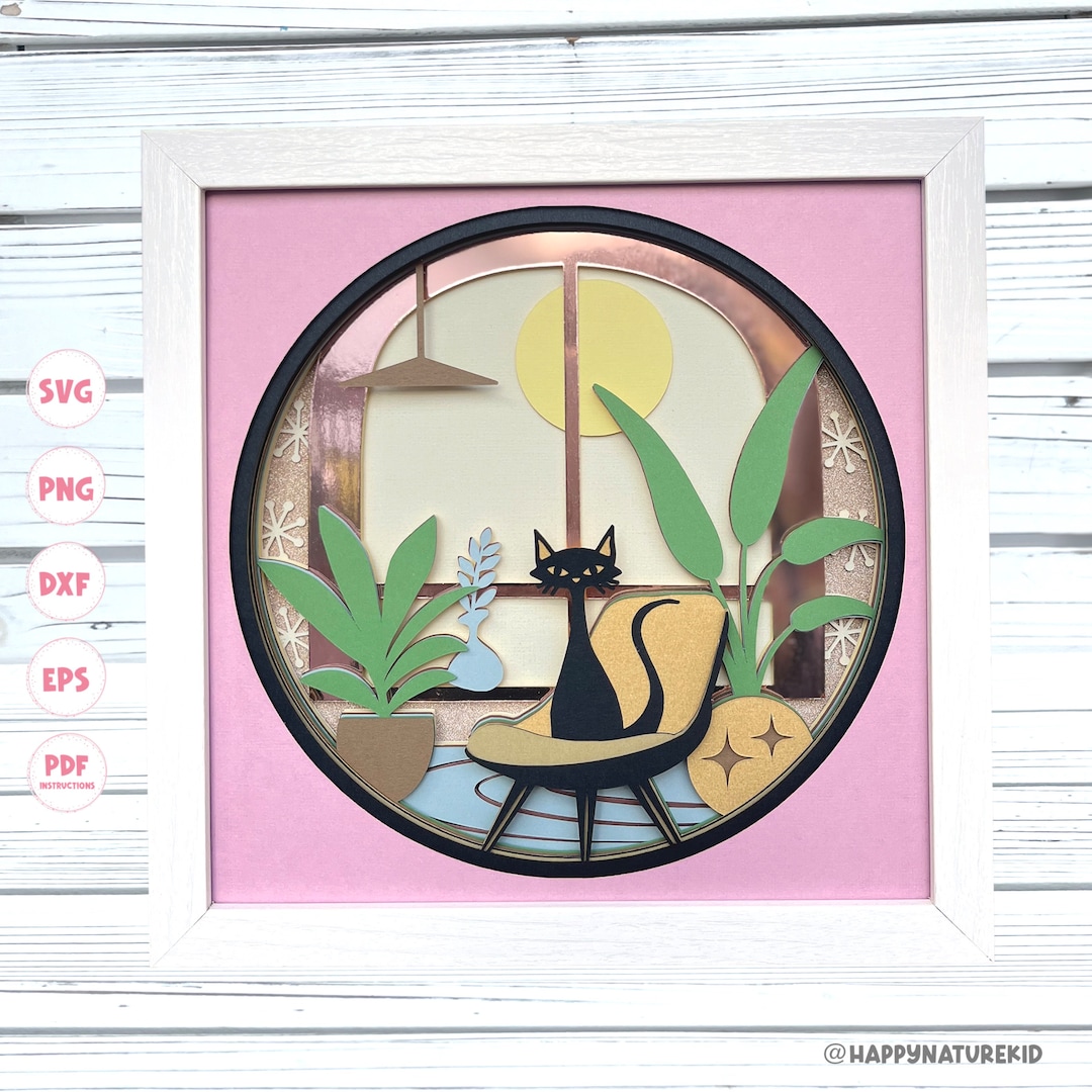 Boho Cat Shadow Box Svg, Midcentury Modern Cat Svg, Retro Shadow Box
