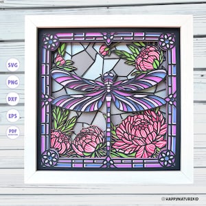 Svg boîte ombre vitrail libellule, fleur boîte ombre svg, svg 3D, svg en couches 3D, Cricut Projects, Silhouette svg, fichiers Svg pour Cricut