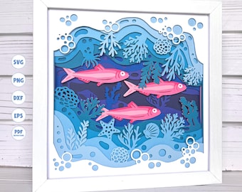 Sardines in the Ocean shadow box svg, Sardines svg, light box, Svg files for Cricut, Cricut projects, silhouette svg, layered svg, 3d svg
