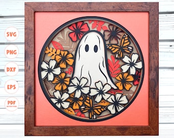 3d Floral Ghost shadow box svg, Cute Ghost svg, 3d Layered svg, Halloween Shadow box svg, Svg files for Cricut, Cricut Projects