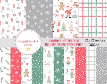 Seamless digital paper, Christmas Digital Paper, Christmas Papers, Watercolor Digital Paper