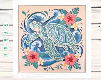 Tropical Sea Turtle shadow box svg, Summer shadow box svg, Light Box, Cricut projects, Svg files for Cricut, silhouette svg, 3d svg
