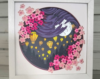 Puede incluir: Una obra de arte en papel enmarcada en blanco con un diseño circular. El diseño presenta un cielo morado oscuro con luna llena, flores de cerezo rosas y linternas de papel amarillas. El fondo es un bosque oscuro.