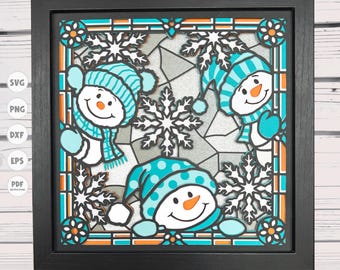 Peeking Snowmen Stained Glass shadow box svg, Snowmen shadow box svg, Cricut projects, Svg files for Cricut, silhouette svg, 3d svg