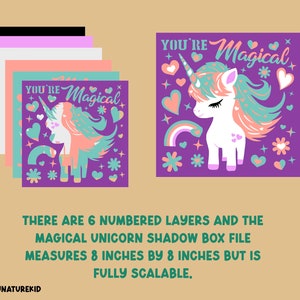 May include: A layered shadow box craft kit featuring a unicorn with the text "You're Magical". The kit includes six numbered layers and measures 8 inches by 8 inches.