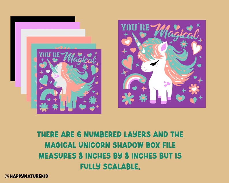 May include: A layered shadow box craft kit featuring a unicorn with the text "You're Magical". The kit includes six numbered layers and measures 8 inches by 8 inches.