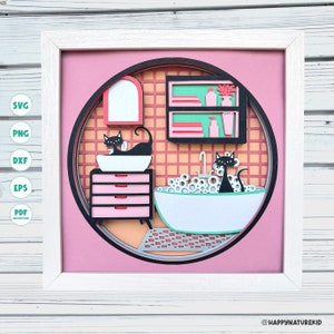 Caixa de sombra de banheiro Boho Cat svg, decoração moderna de banheiro de meados do século, projetos Cricut, 3d svg, arquivos Svg para Cricut, 3d Layered svg