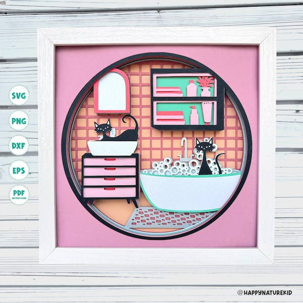 Boho Cat Baño caja de sombras svg, Decoración de baño moderno de mediados de siglo, Proyectos Cricut, 3d svg, Archivos Svg para Cricut, 3d Layered svg