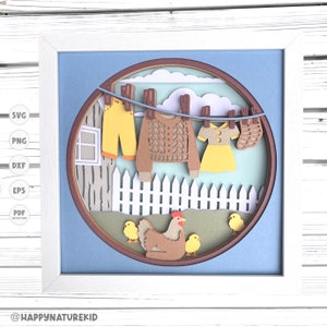 Farmhouse Clothesline shadow box svg, modelo de caixa de sombra, Spring shadow box svg, projetos Cricut, arquivos Svg para Cricut, 3d svg, Layered svg