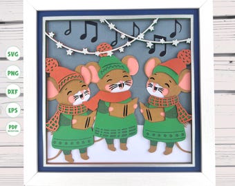 Mouse Carolers shadow box svg, Christmas Shadow box, Winter shadow box, Cricut projects, silhouette svg, Cricut svg, 3d layered svg, 3d svg