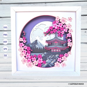 Japanse kersenbloesem schaduw vak SVG, Aziatische schaduw vak SVG, Japans landschap schaduw vak SVG, Cricut projecten, 3D SVG, 3D gelaagde SVG