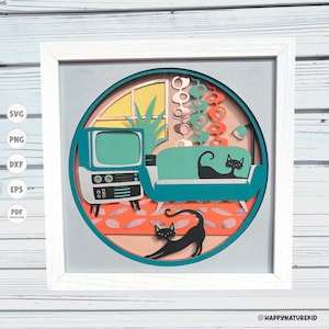 Boho chat salon Shadow Box svg, svg Shadow Box Mid-Century moderne, svg rétro Shadow Box, Cricut Projects, svg en couches 3D, svg de papier cartonné