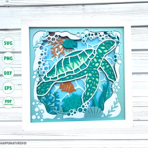 Caixa de sombra de tartaruga marinha 3d svg Caixa de sombra de tartaruga 3d svg Cardstock svg Arquivos para Cricut 3d em camadas svg Corte de papel 3d svg Caixa de sombra de praia svg