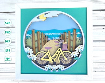 3d Beach Bicycle shadow box svg 3d Beach svg 3d Layered svg files for Cricut Cardstock svg 3d Mandala svg Paper cut svg Beach scene svg
