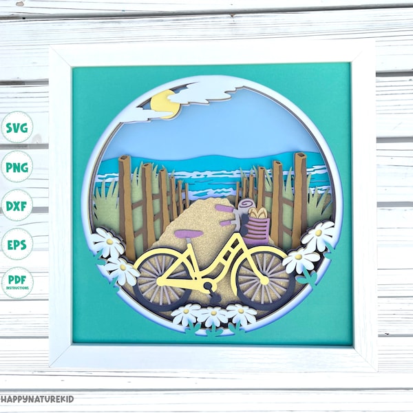 3d Beach Bicycle shadow box svg 3d Beach svg 3d Layered svg files for Cricut Cardstock svg 3d Mandala svg Paper cut svg Beach scene svg