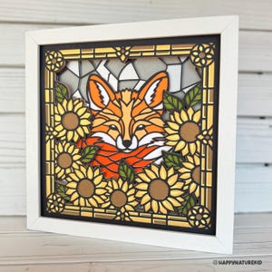 Fuchs und Sonnenblumen Glasmalerei Schatten Box svg, Fuchs Schatten Box svg, Herbst Schatten Box svg, 3D svg, Cricut-Projekte, 3d überlagerte svg