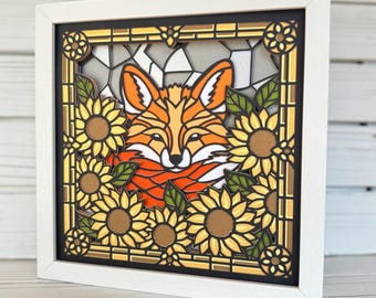 Fox and Sunflowers Stained Glass shadow box svg, Fox shadow box svg, Fall shadow box svg, 3d svg, Cricut projects, 3d layered svg